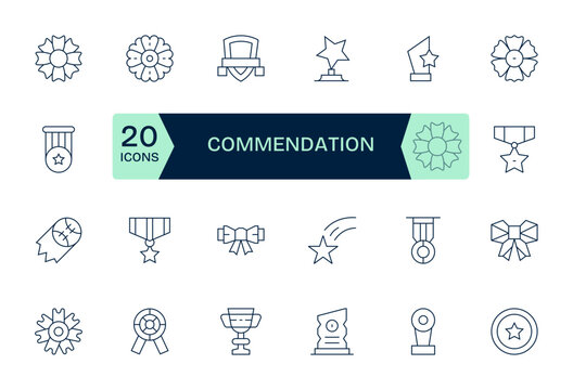 Commendation Vector Icon Library with 24 Thin Line 256x256 Pixel Aligned Designs