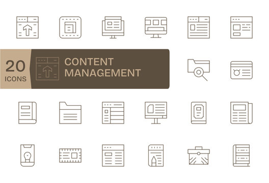 Content Management Scalable Vector Set featuring 20 PIXEL Perfect Thin Line Retina Ready Icons