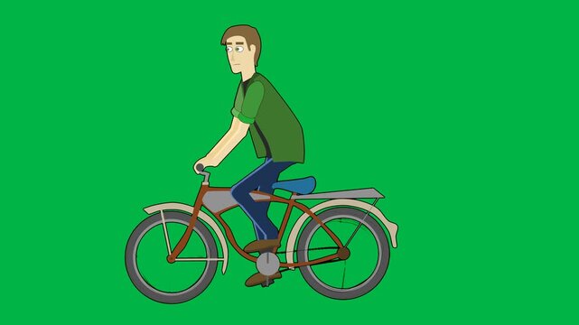 A man rides a bicycle energetically on green screen chromakey background in 2d animated cartoon animation, ideal for fitness, commuting, or healthy lifestyle cycling clips.