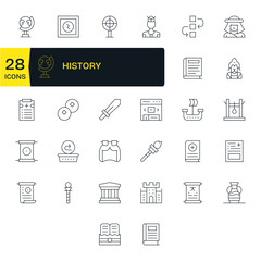 History Vector Graphics Pack including 32 Thin Line High Resolution PIXEL Perfect Icons