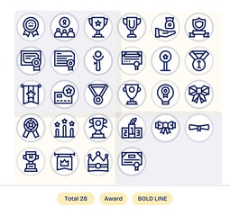28 Retina Ready Display Perfect Vector Icons for Award in Bold Line Theme