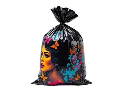 Hidden beauty and consumerism concept with a colorful pop art illustration of a woman on a black trash bag