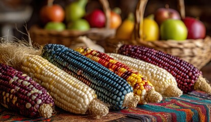 Colorful Varieties of Fresh Corn and Apples Displayed on Rustic Table