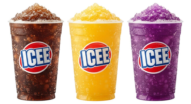 Three colorful icee frozen drinks in plastic cups isolated on transparent background