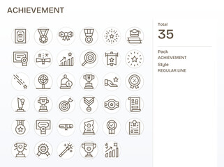 Achievement Vector Icon Collection featuring 35 Display Perfect High Resolution Regular Line Designs