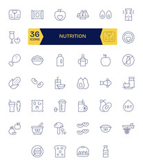 40 Nutrition Pixel Aligned Vector Icons in 64x64 Thin Line Aesthetic