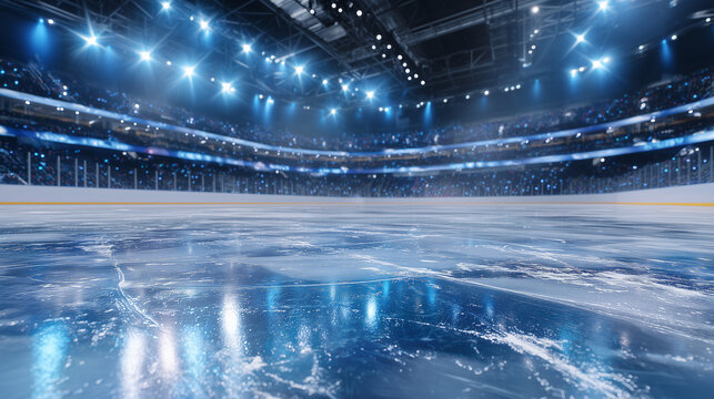 High-detail interior of an empty ice hockey rink, thin water layer over the ice surface, reflections of fluorescent lights and arena structure, slightly misty air above the ice