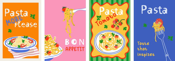 A set of minimalist posters featuring Italian pasta. More pasta, please. Bon appetit. Poster with pasta, shrimp, greens, and tomatoes for the kitchen, cafe, background, wall poster.