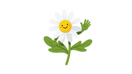 A cartoon daisy character with a smiling face and waving hand