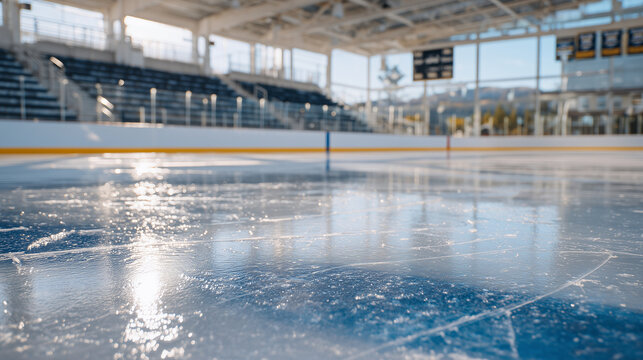 Indoor hockey rink captured from low angle, ice glistening with thin water layer, reflections of overhead lighting stretching across the surface, empty benches and boards in frame