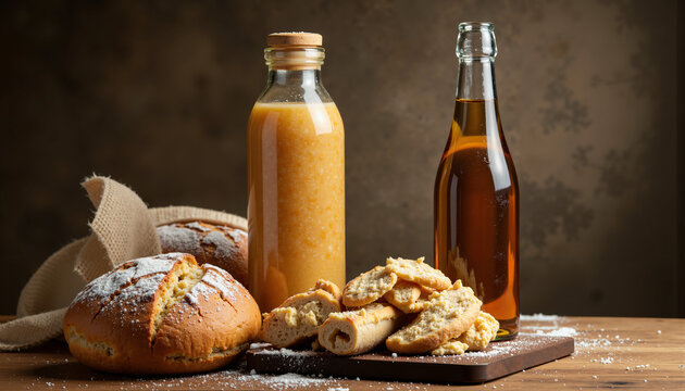 Bread, pastries, and bottles on wooden board in realistic style with details