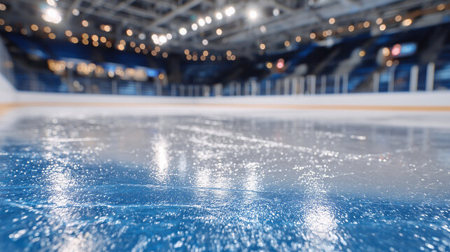 Indoor hockey rink captured from low angle, ice glistening with thin water layer, reflections of overhead lighting stretching across the surface, empty benches and boards in frame