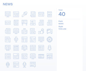 News Visual Pack containing 40 Thin Line Pixel Aligned Vector Icons