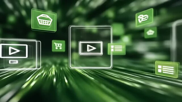 Dynamic Green Digital World with Floating Icons and Data Streams Background