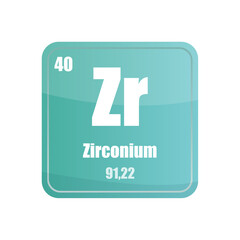 Zirconium chemical element tile. Atomic number forty. Zr sign Vector icon. Aqua blue square shape.
