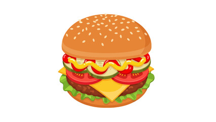 A cartoon hamburger with sesame seed bun and colorful toppings