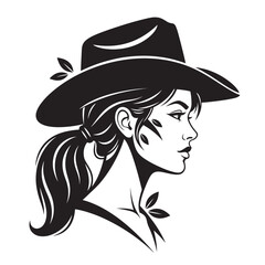 Stylish woman in wide‑brim fedora hat, side profile boho fashion portrait, elegant monochrome vector