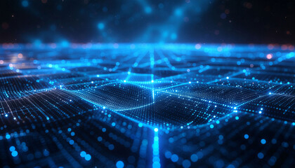 Dynamic digital network with glowing blue data streams creates futuristic technology background, perfect for modern design concepts