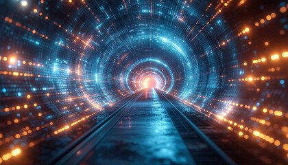 Dynamic digital tunnel with glowing lights and railway tracks leading to a bright, futuristic horizon