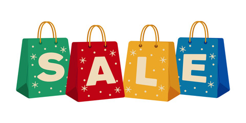 Colorful shopping bags with letters forming the word SALE. Flat vector illustration, perfect for holiday promotions, online stores, posters, banners, and marketing materials. Vector illustration
