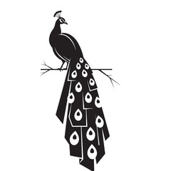 Stylized peacock with long geometric tail feathers, elegant bird silhouette, ornamental vector illustration