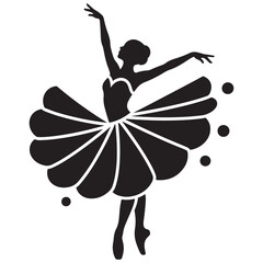 Graceful female dancer silhouette in flowing polka‑dot dress, elegant dance pose, black and white vector