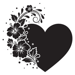 Black heart with floral corner ornament and leaves, decorative romantic symbol, vector illustration