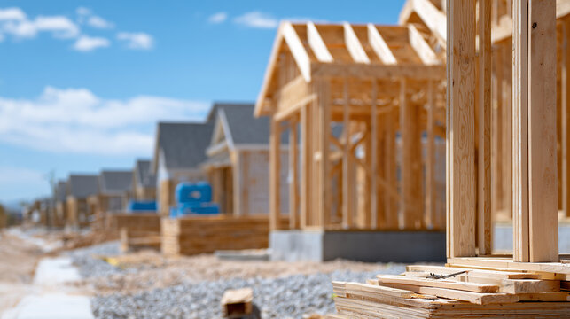 Row of unfinished cottage homes in a planned residential community, wooden walls and frames standing, roofing and siding work pending, clear sky and sunlight highlighting raw mater