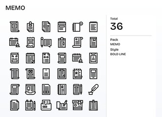 Memo Design Vector Icons featuring 36 Pixel Optimized Bold Line Style
