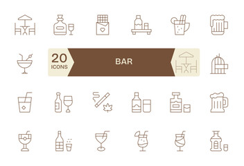 24 Detail Enhanced Vector Icons themed around Bar in 128x128 Thin Line format