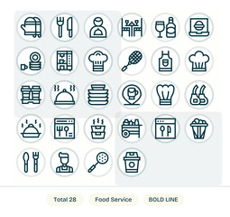 Food Service Vector Graphics Pack including 28 Bold Line High Resolution Pixel Optimized Icons