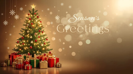 Season’s Greetings theme featuring colourful Christmas balls, gift boxes, and a Christmas tree
