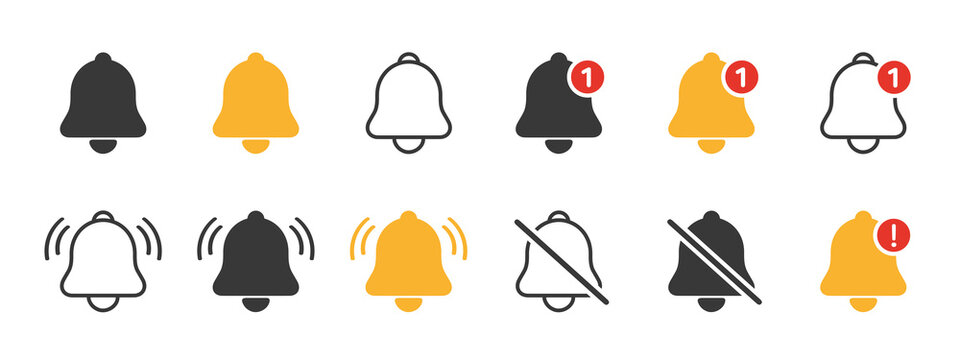 Notification bell icon set. Incoming inbox message. Ringing bell, reminder or subscriber sign for apps, smartphone, alarm alert. JPG image