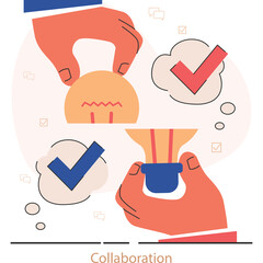 Collaboration Concept Of Two Hands Holding Light Bulb Ideas And Checkmarks Symbolizing Success On Transparent Background