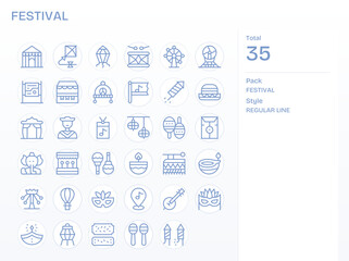 Festival Professional Vector Set with 35 Regular Line PIXEL Perfect 256x256 Icons