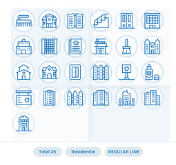25 Pixel Optimized 64x64 Vector Icons for Residential in elegant Regular Line design