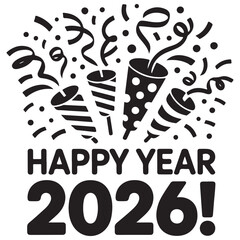 Happy New Year 2026 with Confetti and Party Poppers – Vector illustration 
