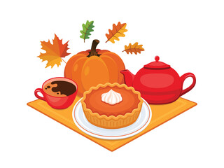 Pumpkin pie and a cup of coffee on a napkin vector illustration. Autumn decoration with cake, pumpkin and hot drink icon set on a white background. Pumpkin pie, coffee cup and autumn leaves drawing
