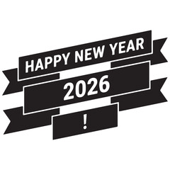 Happy New Year 2026 Ribbon Banner – Bold Monochrome Vector