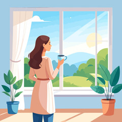 Young woman with long brown hair, wearing a casual robe and jeans, holding a blue coffee cup while standing in a relaxed, contemplative pose.