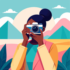 A stylish woman with a dark hair bun holding a vintage two-tone camera to her face.