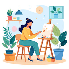 Woman Artist Painting on Canvas with Brush, Sitting and Focused in Studio.