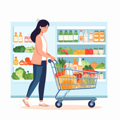 Stylish young woman with long dark hair pushing a shopping cart filled with healthy groceries.