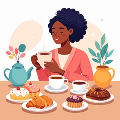 Woman enjoying a warm cup of coffee amidst a delightful assortment of pastries.