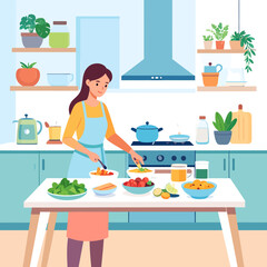 Woman preparing fresh, healthy food in a modern, well-lit kitchen.
