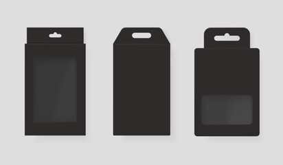 Black hanging packaging. Realistic paper box with hang tab, package mockup for product display plastic window transparent hole pvc bag accessory blank container vector illustration