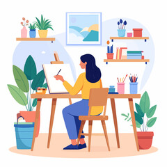 Woman painting on canvas at desk, surrounded by plants and art supplies.