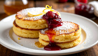 Fluffy Souffl&eacute; Pancakes with Raspberry Jam - Perfect for Brunch Menu