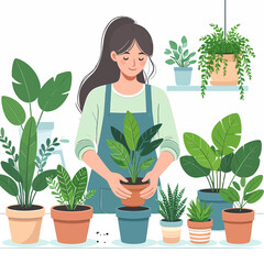 Woman tending to a vibrant collection of potted houseplants indoors.