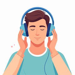 Young Man with Brown Hair Wearing Blue Headphones, Eyes Closed, Listening to Music.